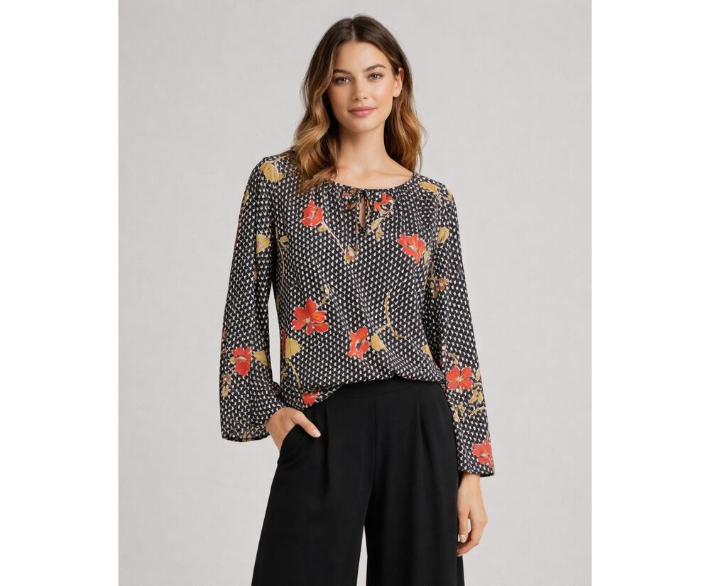 ModCloth Floral Geometric Long Sleeve Blouse Top Size M Black Orange